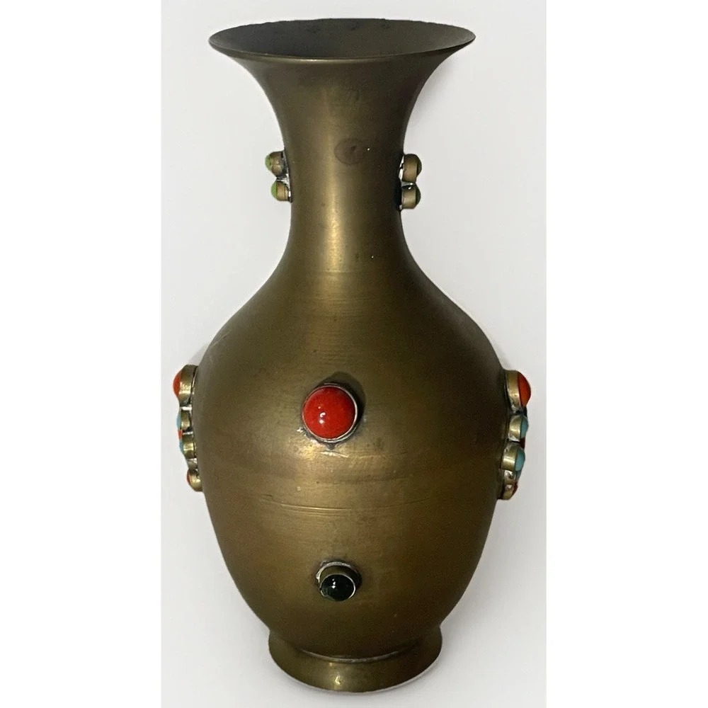 Vintage India Brass Vase with Colorful Semi-Precious Stone Inlay‎